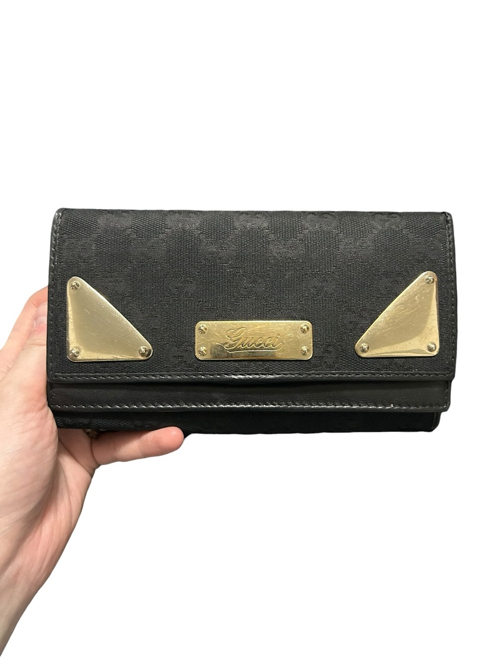 Authentic Gucci Guccissima GG Logo Black Fabric Gold Hardware Long Wallet